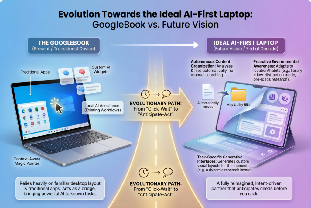Biểu đồ so sánh Googlebook hiện tại với tầm nhìn laptop AI-first lý tưởng, nguồn Google